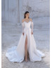 Long Sleeves Beaded Ivory Lace Satin Slit Sexy Wedding Dress